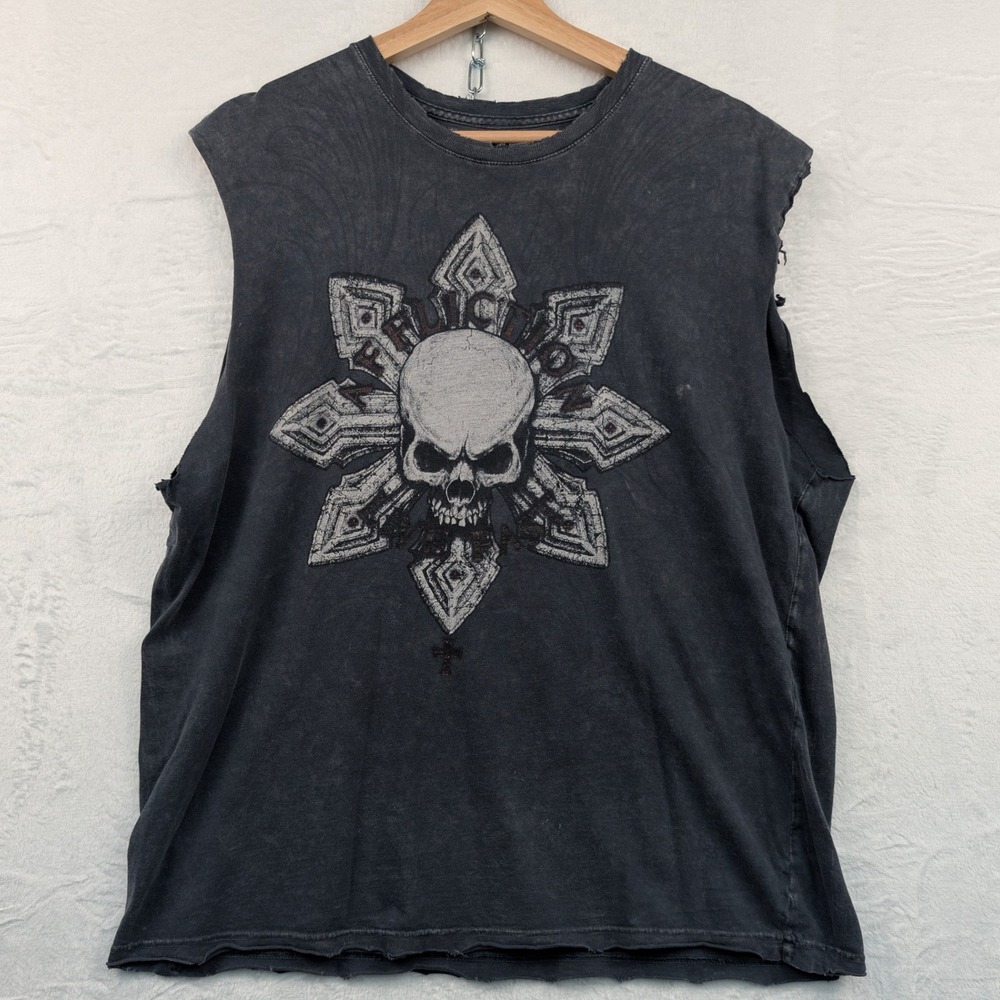 VTG Affliction Shirt Men's L Black Skull Grunge Sleeveless Cross Cyber Y2K